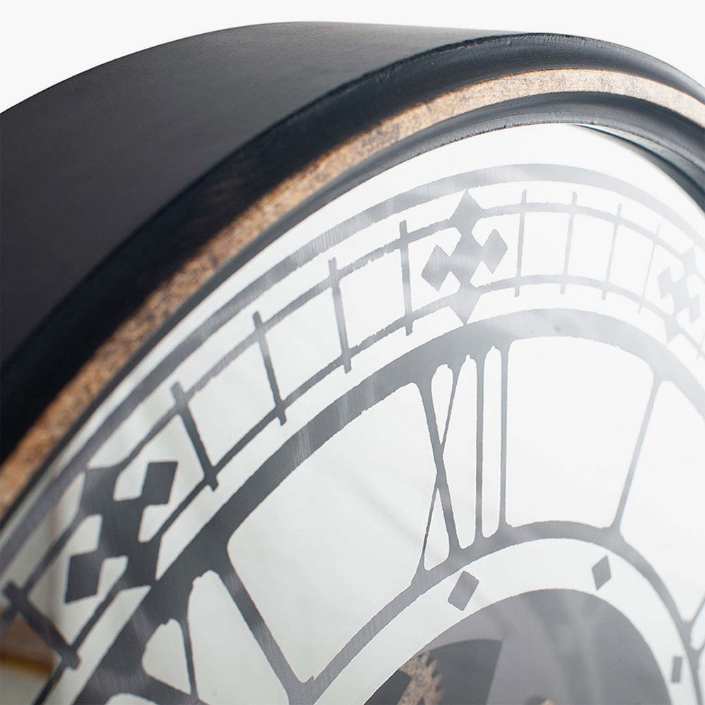 Antique Gold Wood & Mirror Working Cog Round Wall Clock